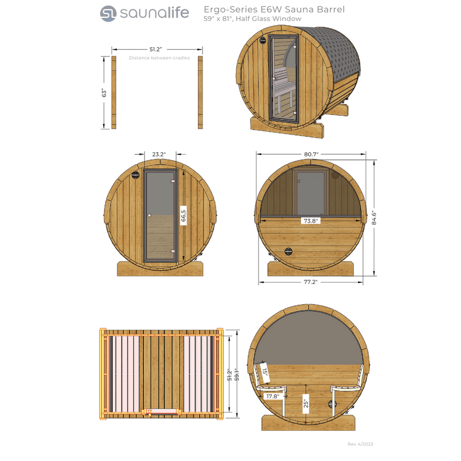 Technical drawing of the SaunaLife Model E6W 3 Person Sauna Barrel-Window, crafted from Thermo-Spruce with a half glass door. Front, side, and top views show labeled dimensions and detailed measurements. Logo and “SaunaLife Ergo-Series E6W” at top.