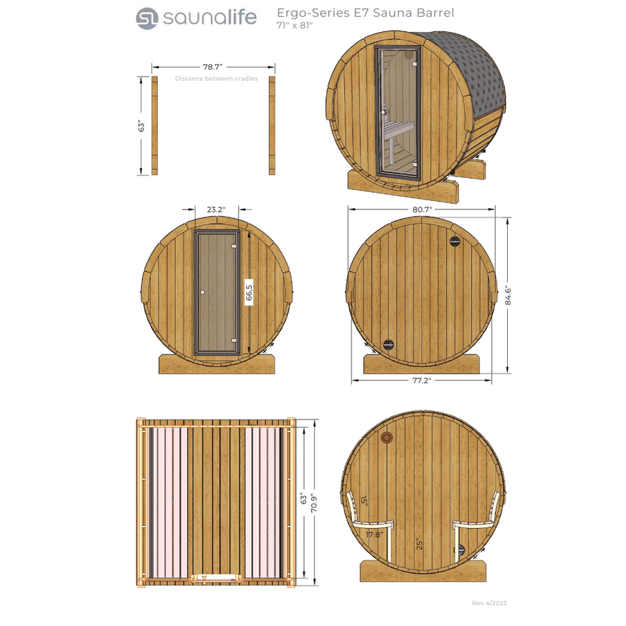 Technical drawing of the SaunaLife Model E7G 4 Person Barrel Sauna w/ Glass Front shows ergonomic design with front, side, top, and door views. Dimensions: 80.7" width, 77.2" base, and 78.7" height. Brand: SaunaLife.