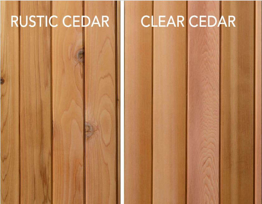 Compare rustic cedar and clear cedar wood boards for the Almost Heaven Cascade 4 Person Indoor Sauna—rustic cedar has knots and unique grain; clear cedar is smoother with minimal imperfections. Both offer a warm, natural look by Almost Heaven.