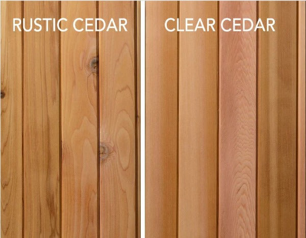 Side-by-side comparison of rustic cedar with knots and grain, and clear cedar with minimal knots and uniform color, as seen in the Almost Heaven Denali 6 Person Indoor Sauna by Almost Heaven.