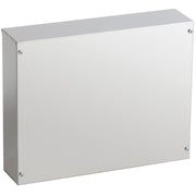 A plain, rectangular metal box with a smooth surface and corner screws—similar to a part from the Almost Heaven Cascade 4 Person Indoor Sauna—is shown against a white background. Ideal for use in indoor saunas by Almost Heaven.