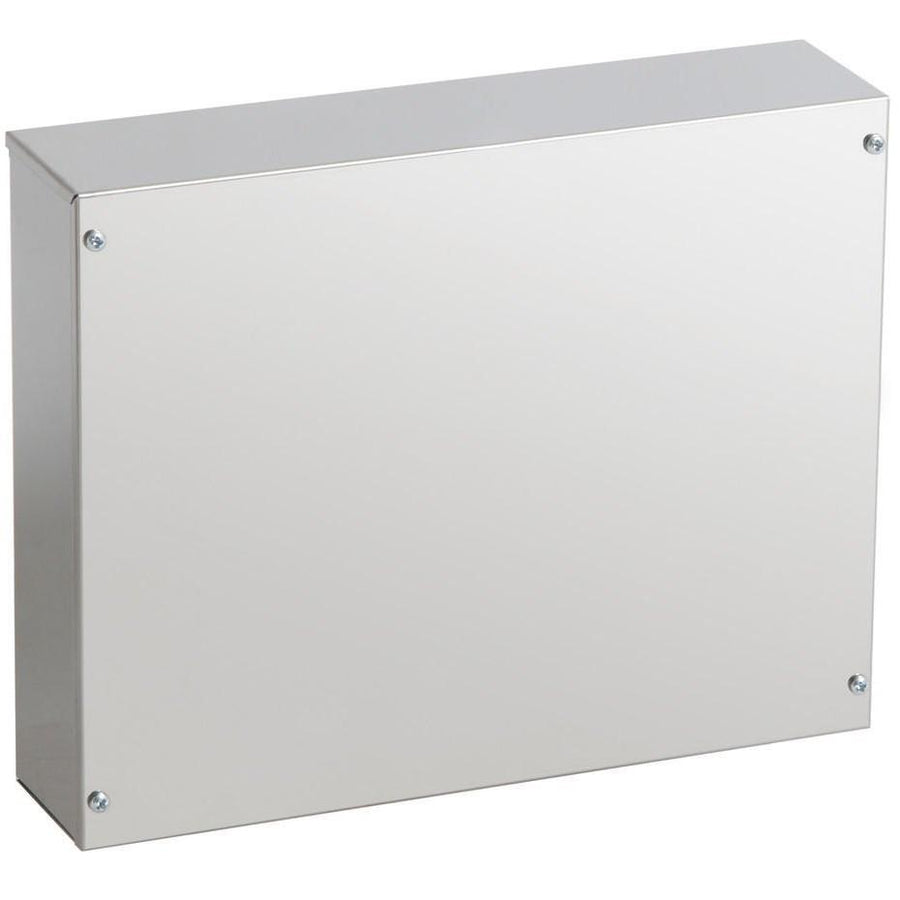 A plain, rectangular metal box with a smooth surface and corner screws—similar to a part from the Almost Heaven Cascade 4 Person Indoor Sauna—is shown against a white background. Ideal for use in indoor saunas by Almost Heaven.