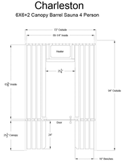 Technical drawing of the Almost Heaven Charleston 4 Person Canopy Barrel Sauna, showing dimensions, bench and door positions, and the placement of a Harvia 6kW electric heater in this premium outdoor sauna by Almost Heaven.