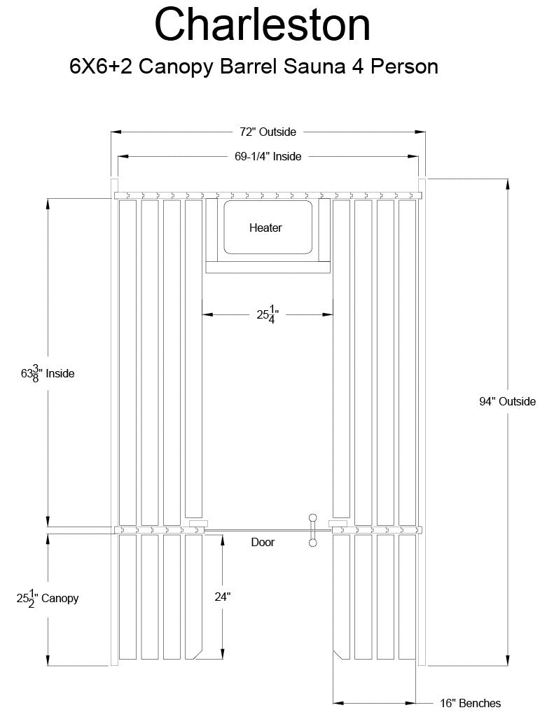 Technical drawing of the Almost Heaven Charleston 4 Person Canopy Barrel Sauna, showing dimensions, bench and door positions, and the placement of a Harvia 6kW electric heater in this premium outdoor sauna by Almost Heaven.