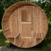 The Almost Heaven Charleston 4 Person Canopy Barrel Sauna by Almost Heaven features a round wood design, Harvia 6kW electric heater, central door, and two small bench seats inside—perfect for your outdoor space.