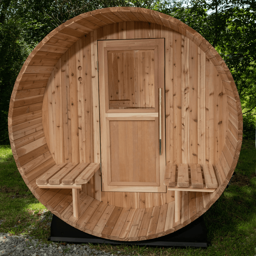 The Almost Heaven Charleston 4 Person Canopy Barrel Sauna by Almost Heaven features a round wood design, Harvia 6kW electric heater, central door, and two small bench seats inside—perfect for your outdoor space.