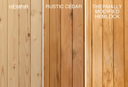 The Almost Heaven Grandview 4-6 Person Canopy Barrel Sauna is available in Hemfir (light grain), Rustic Cedar (knotty medium brown), or Thermally Modified Hemlock (smooth warm brown) wood panels—ideal for a relaxing group sauna.