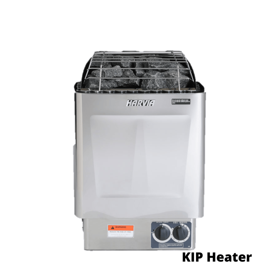 A silver Harvia KIP sauna heater, labeled "KIP Heater" and featuring two control knobs, is set atop the Almost Heaven Grandview 4-6 Person Canopy Barrel Sauna—ideal for your outdoor relaxation.