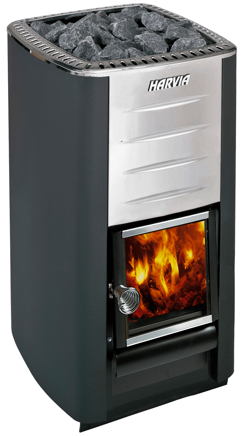 A metal sauna stove with black sides, a stainless steel front, and a glass fire-view door sits inside the Almost Heaven Grandview 4-6 Person Canopy Barrel Sauna, topped with dark stones. “HARVIA” is displayed above the door.