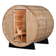 The Almost Heaven Pinnacle 4 Person Barrel Sauna features a round wooden design with a glass door, natural wood finish, black supports, and includes a bucket and ladle, making it ideal for outdoor relaxation.