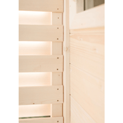 Close-up of light wood slats joined at a corner, showcasing the smooth finish and quality of the Almost Heaven Timberline 6 Person Cabin Sauna—perfect for a cozy sauna or outdoor retreat.