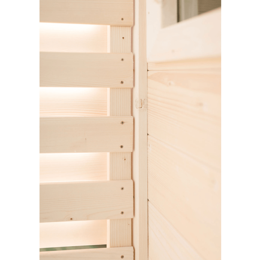 Close-up of light wood slats joined at a corner, showcasing the smooth finish and quality of the Almost Heaven Timberline 6 Person Cabin Sauna—perfect for a cozy sauna or outdoor retreat.