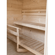The Almost Heaven Timberline 6 Person Cabin Sauna features two-tier bench seating and light wood paneling, creating a spacious, well-lit, and serene retreat for your outdoor space.