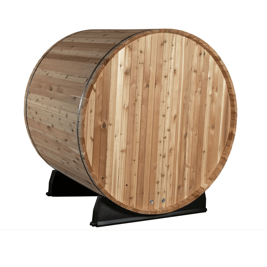 The Almost Heaven Vienna 2 Person Canopy Barrel Sauna is a spacious, cylindrical wooden sauna by Almost Heaven, featuring vertical planks and metal bands, upright on black bases in front of a white background.