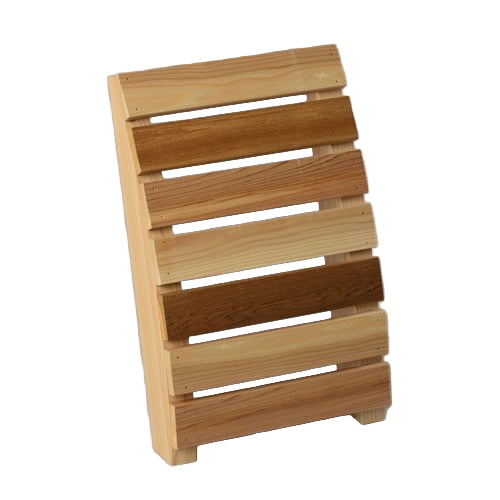 The Almost Heaven Cedar Sauna Back Rest by Almost Heaven features slanted, evenly spaced horizontal cedar slats in alternating light and dark wood tones, perfect as a stylish sauna back support or display stand.