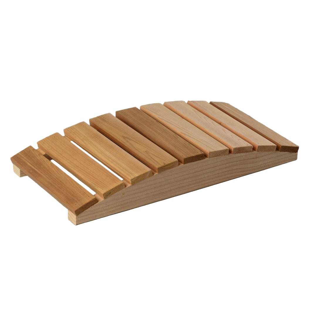 The Almost Heaven Cedar Sauna Leg Lift by Almost Heaven is a compact, arched red cedar sauna accessory with evenly spaced wooden planks and no railings, displayed on a plain gray background.