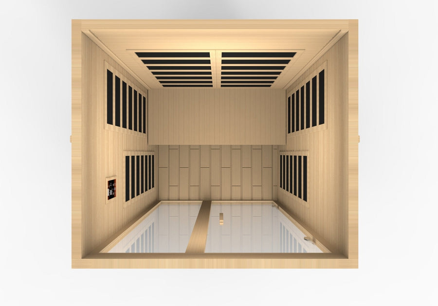 Top-down view of the Golden Designs Dynamic Santiago 2-person Low EMF FAR Infrared Sauna (Canadian Hemlock), with side benches, black wall and ceiling heating panels, control panel, and a mostly white floor with a wooden strip.