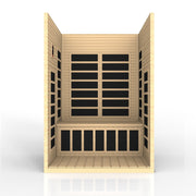 A front view of the Golden Designs Dynamic Santiago 2-person Low EMF FAR Infrared Sauna, made from Canadian Hemlock, shows black heating panels on the walls and bench against a white background.