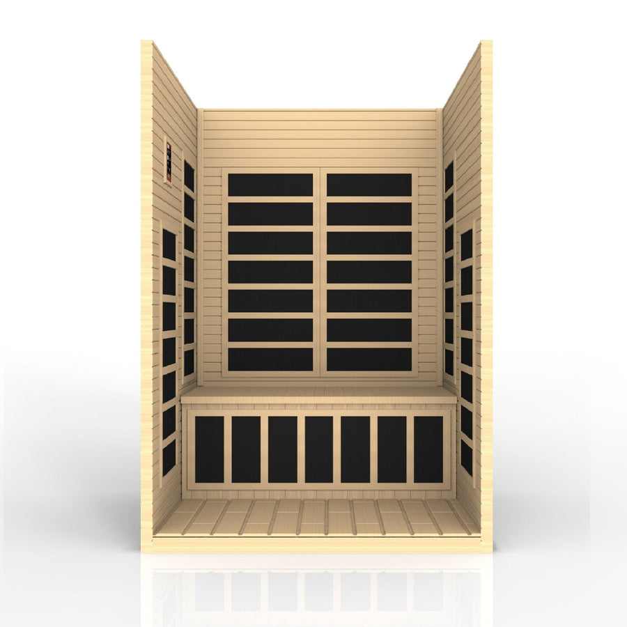 A front view of the Golden Designs Dynamic Santiago 2-person Low EMF FAR Infrared Sauna, made from Canadian Hemlock, shows black heating panels on the walls and bench against a white background.