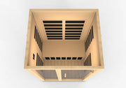 Top-down view of the Golden Designs Dynamic Santiago 2-person Low EMF FAR Infrared Sauna (Canadian Hemlock), featuring black infrared heating panels, a glass door, and a light wood interior.