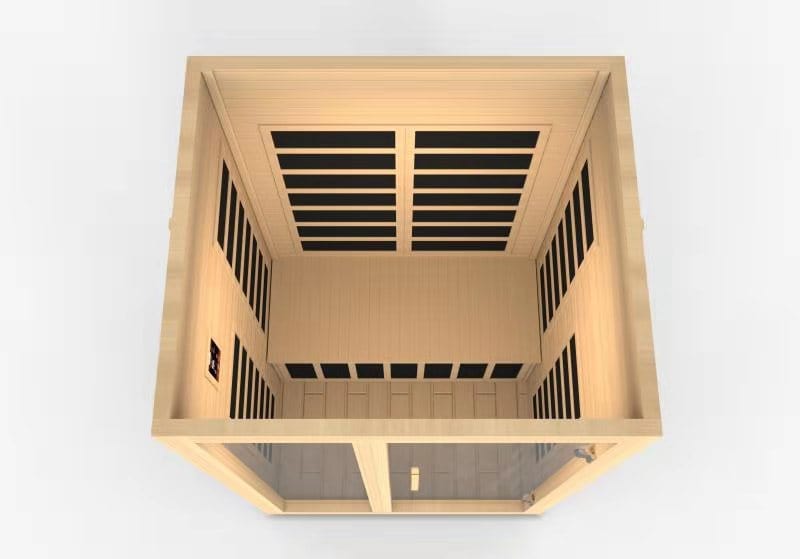 Top-down view of the Golden Designs Dynamic Santiago 2-person Low EMF FAR Infrared Sauna (Canadian Hemlock), featuring black infrared heating panels, a glass door, and a light wood interior.