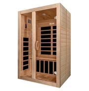 The Golden Designs Dynamic Santiago 2-person Low EMF FAR Infrared Sauna, crafted from Canadian Hemlock with a glass door and wooden handle, features visible black heating panels for indoor personal use.