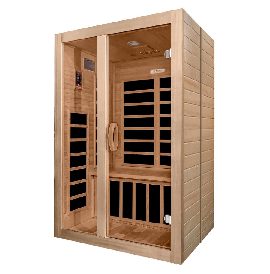 The Golden Designs Dynamic Santiago 2-person Low EMF FAR Infrared Sauna, crafted from Canadian Hemlock with a glass door and wooden handle, features visible black heating panels for indoor personal use.