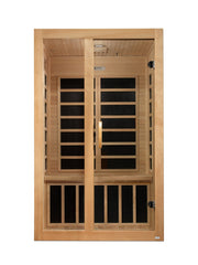 A front view of the Golden Designs Dynamic Santiago 2-person Low EMF FAR Infrared Sauna (Canadian Hemlock), showing its glass door with metal handle and visible black vertical and horizontal heating panels inside.