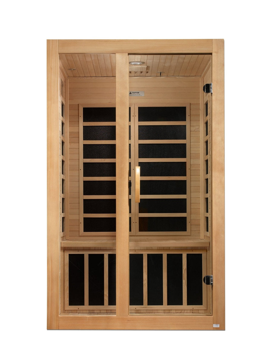 A front view of the Golden Designs Dynamic Santiago 2-person Low EMF FAR Infrared Sauna (Canadian Hemlock), showing its glass door with metal handle and visible black vertical and horizontal heating panels inside.