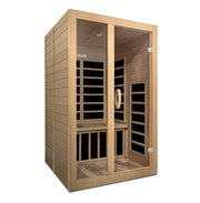 The Dynamic Santiago 2-person Low EMF FAR Infrared Sauna by Golden Designs features Canadian Hemlock wood, glass doors and side panels, interior bench seating, and black low EMF heating panels on the walls.