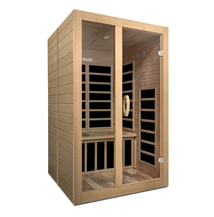 The Dynamic Santiago 2-person Low EMF FAR Infrared Sauna by Golden Designs features Canadian Hemlock wood, glass doors and side panels, interior bench seating, and black low EMF heating panels on the walls.
