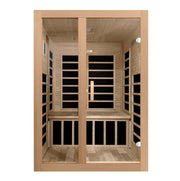 The Golden Designs Dynamic Santiago 2-person Low EMF FAR Infrared Sauna, made from Canadian Hemlock, features glass doors, a roomy bench, and black heating panels on the walls and under the seat—perfect for relaxing with company.