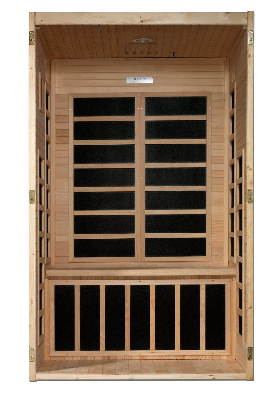 The Dynamic Santiago 2-person Low EMF FAR Infrared Sauna by Golden Designs features Canadian Hemlock wood, glass door and side panels, black heater panels on the walls and bench, and a light wood interior, viewed from the front.
