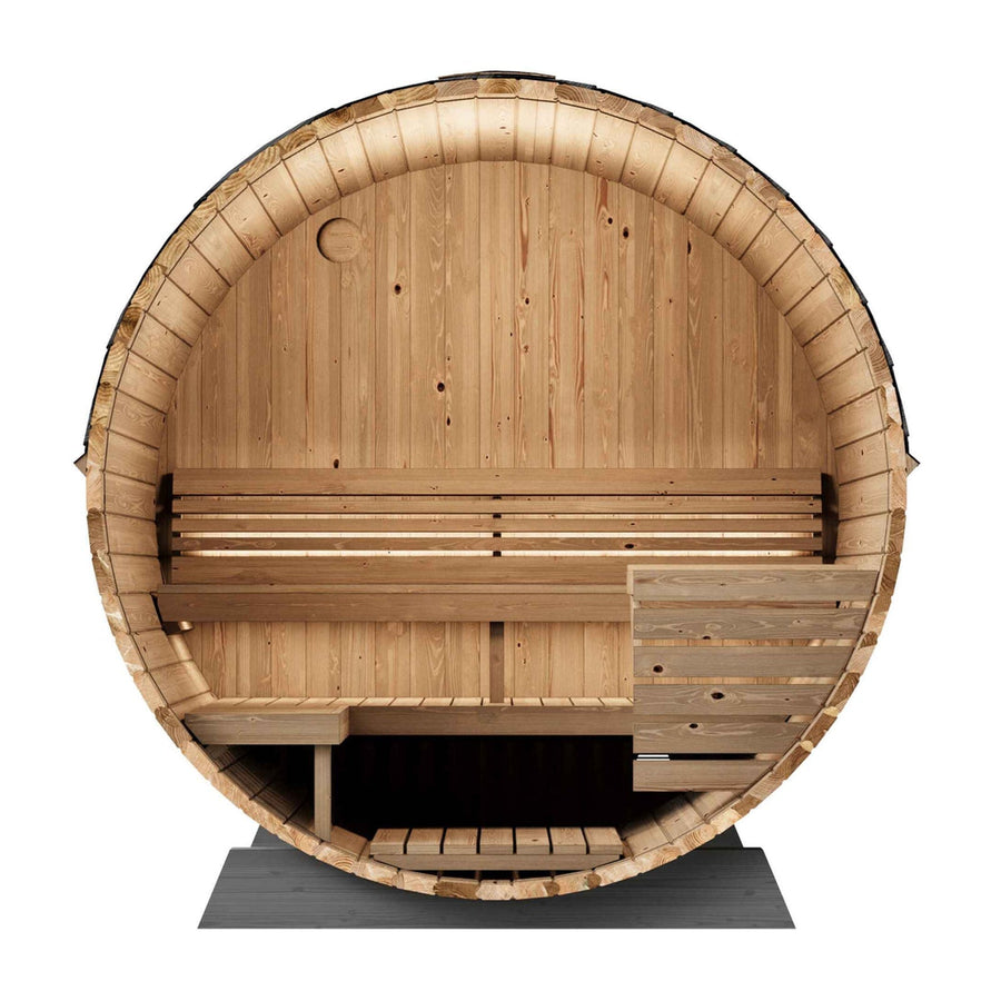 Front view of the SaunaLife Model EE6G 4 Person Barrel Sauna by SaunaLife, featuring a round wooden design with cozy benches and horizontal wood paneling lining the interior.