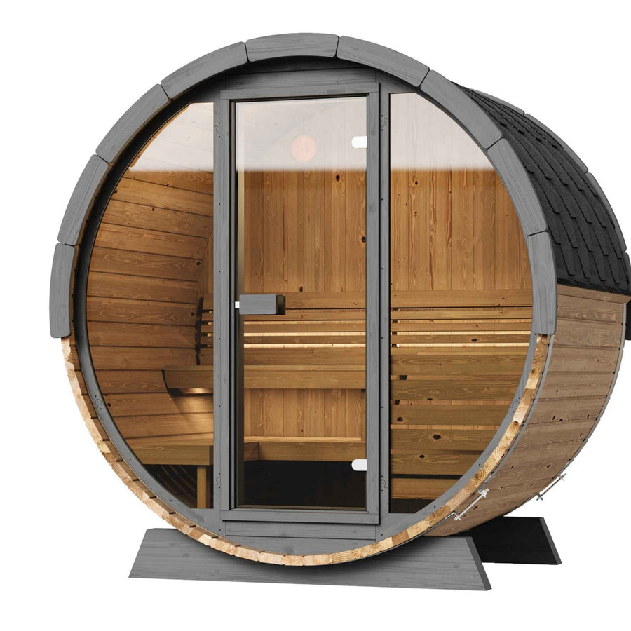 The SaunaLife Model EE6G 4 Person Barrel Sauna features a glass door, wooden benches and paneling, dark roof shingles, and a flat base for secure placement—combining modern style with comfort from trusted brand SaunaLife.