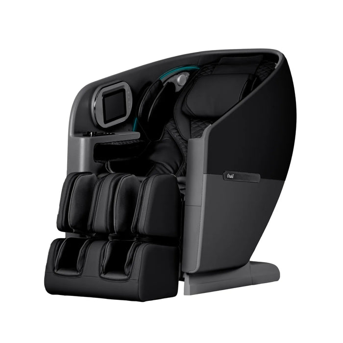 The Osaki Flagship Duo Massage Chair by Osaki is a modern black luxury chair with multi-zone leg, arm, and back padding, a built-in armrest control panel, and advanced AI massage technology, shown on a white background.