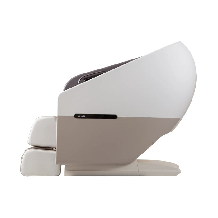 The Osaki Flagship Duo Massage Chair by Osaki is a modern white and beige luxury chair with a sleek, enclosed design and advanced AI massage technology, shown side view against a plain white background.