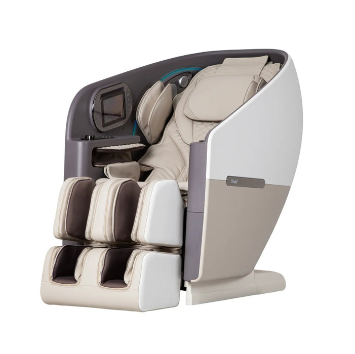 The Osaki Flagship Duo Massage Chair in taupe features cushioned leg, arm, and head sections, a built-in control screen, ergonomic design, and advanced AI massage technology for full-body relaxation.