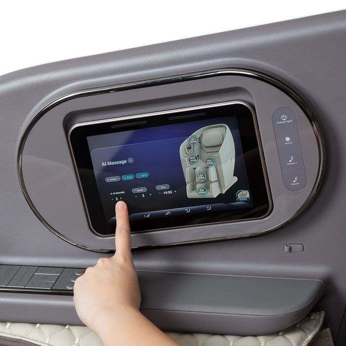 A hand touches a digital control screen on the gray armrest of the Osaki Flagship Duo Massage Chair, displaying advanced AI massage options and adjustable intensity and duration settings.
