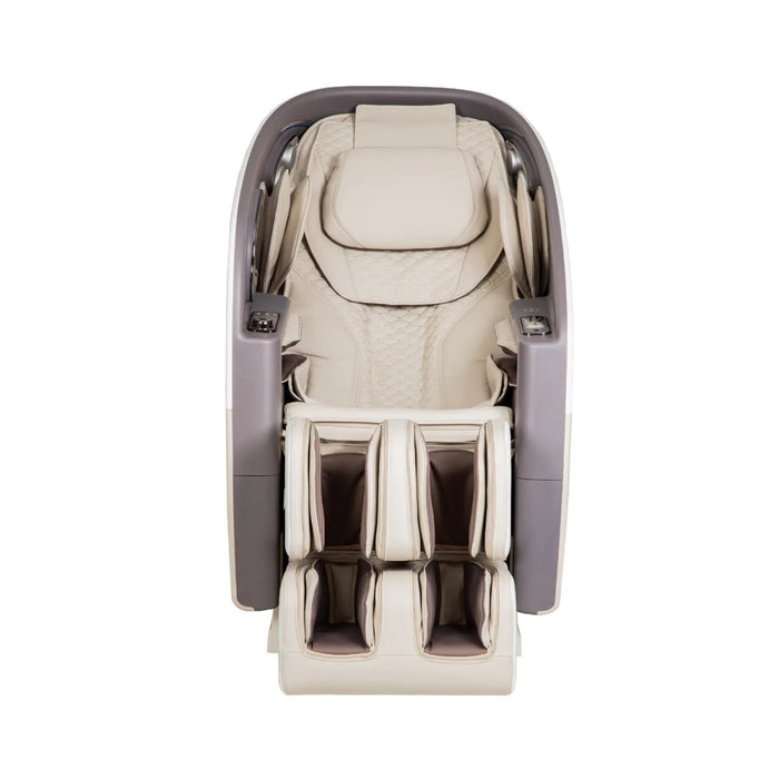 The Osaki Flagship Duo Massage Chair by Osaki is a modern beige and gray luxury chair with multiple padded sections, footrests, and advanced AI massage technology, shown from above on a white background.