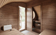 The SaunaLife Model G11 Outdoor 8 Person Sauna features a wooden interior with benches, a towel, ladle, and an open door for natural light. A second door with a round window leads to an extra bench area, showing its spacious 2-room design.
