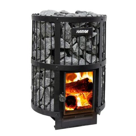 The Harvia Legend 240 GreenFlame Sauna Stove by Harvia features a metal frame, stone-filled design, and a front glass door displaying the burning logs and flames inside.