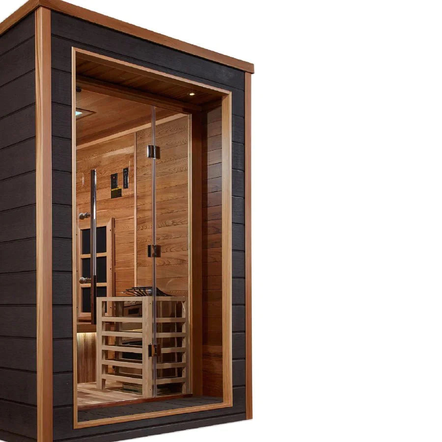 Golden Designs Karlstad 6 Person Outdoor-Indoor PureTech™ Hybrid Full Spectrum Sauna (GDI-8226-01) - Canadian Red Cedar Interior - Lotus Massage Chairs