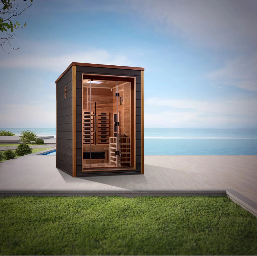 Golden Designs Nora 2 Person Outdoor-Indoor PureTech™ Hybrid Full Spectrum Sauna (GDI-8222-01) - Canadian Red Cedar Interior - Lotus Massage Chairs