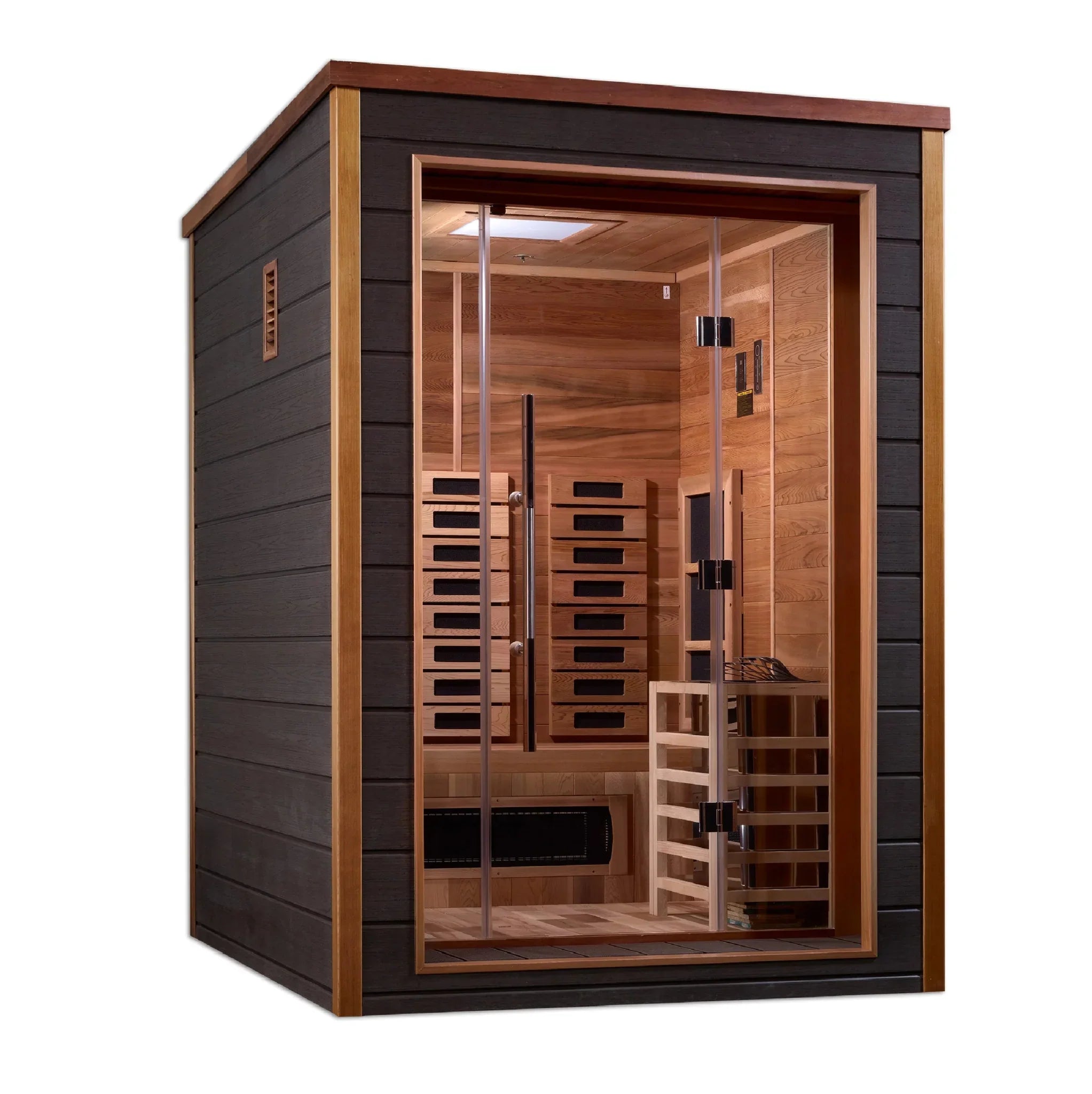 Golden Designs Nora 2 Person Outdoor-Indoor PureTech™ Hybrid Full Spectrum Sauna (GDI-8222-01) - Canadian Red Cedar Interior - Lotus Massage Chairs