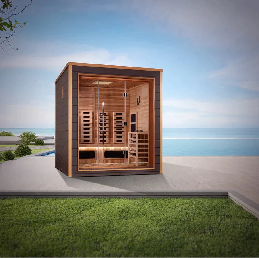 Golden Designs Visby 3 Person Outdoor-Indoor PureTech™ Hybrid Full Spectrum Sauna (GDI-8223-01) - Canadian Red Cedar Interior - Lotus Massage Chairs