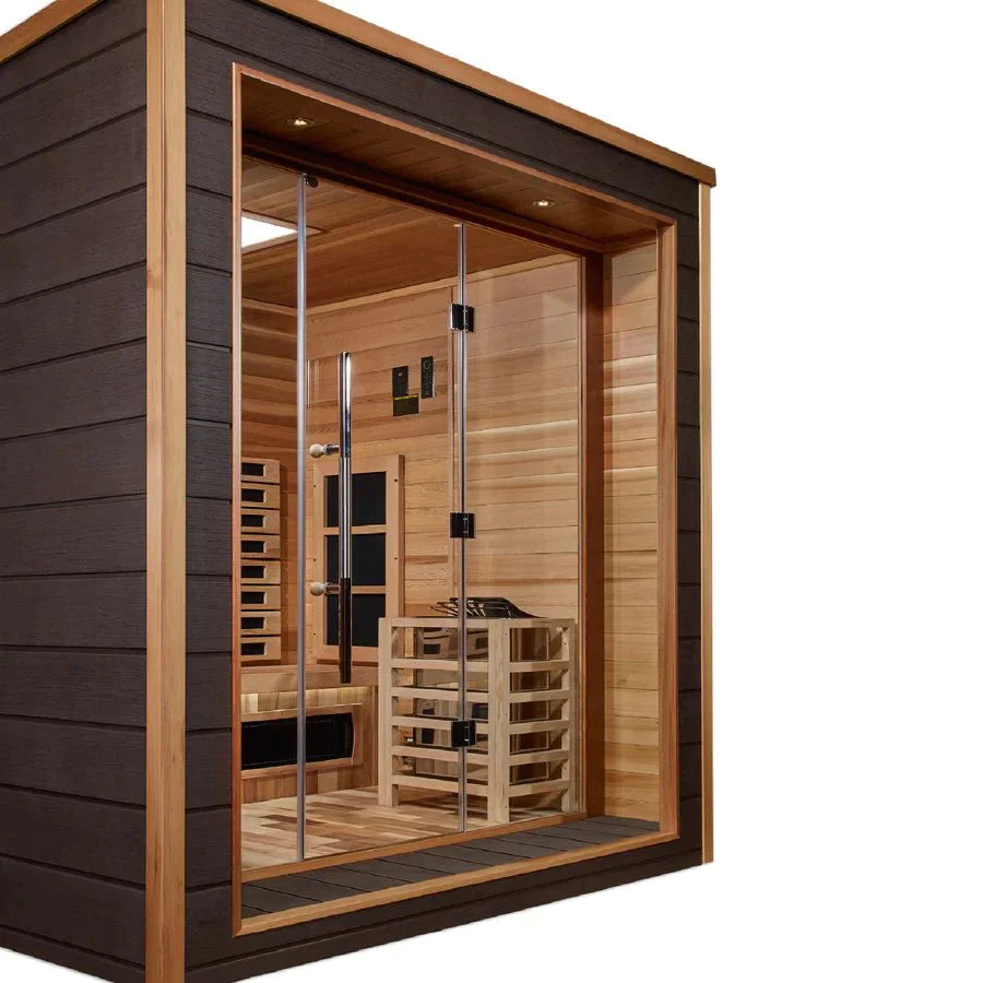 Golden Designs Visby 3 Person Outdoor-Indoor PureTech™ Hybrid Full Spectrum Sauna (GDI-8223-01) - Canadian Red Cedar Interior - Lotus Massage Chairs