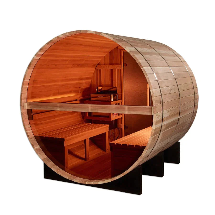 Golden Designs "Zurich" 4 Person Barrel with Bronze Privacy View - Traditional Sauna - Pacific Cedar - Lotus Massage Chairs