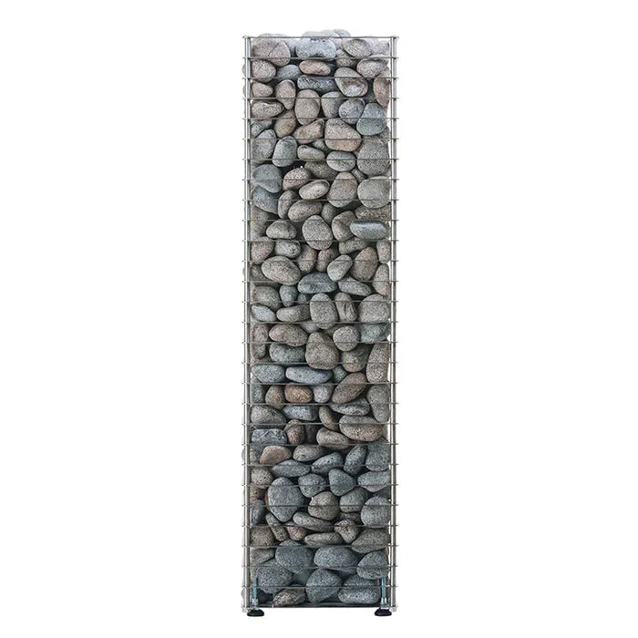 A tall, rectangular wire mesh container filled with stacked gray stones, resembling the HUUM CLIFF Series 11kW Sauna Heater Package by HUUM, is viewed from the front against a white background.