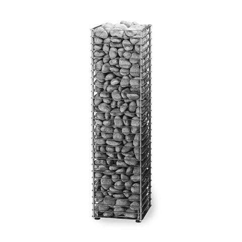 A tall, rectangular metal wire cage filled with smooth stones, resembling the HUUM CLIFF Series 11kW Sauna Heater Package by HUUM, stands upright against a white background.